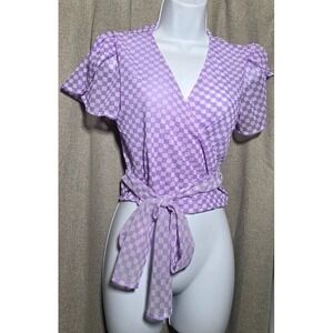 New Fashion Purple Checkered Sheer Wrap Top Cropped Flutter Sleeve Blouse Large